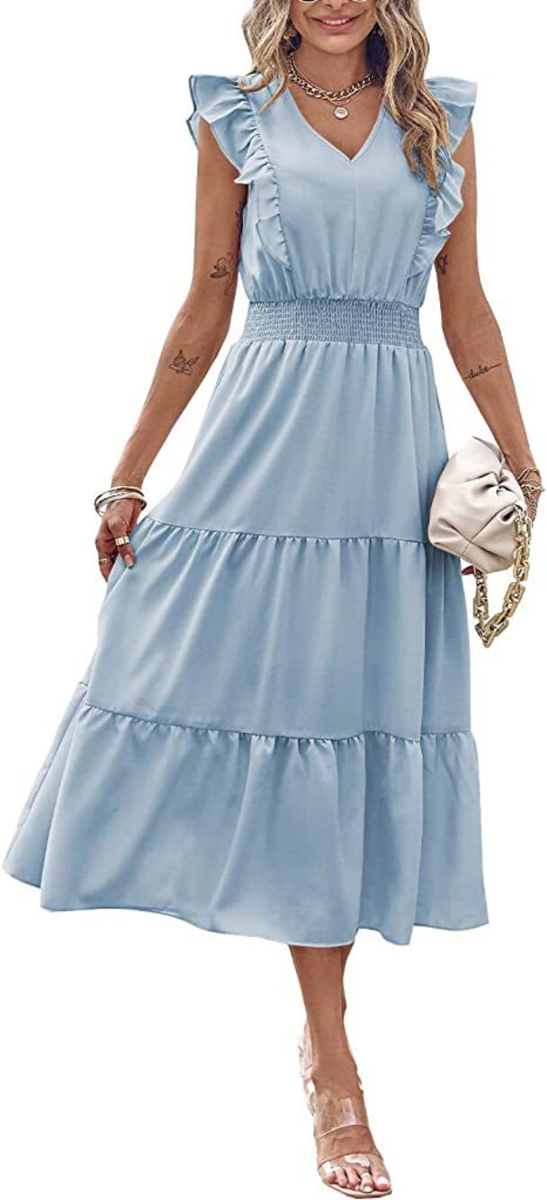 Women's Powder Blue V-Neck Ruffle-Sleeve Tiered Maxi Dress